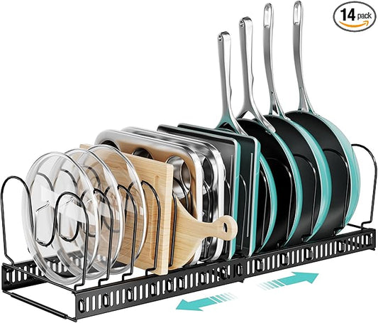 ORDORA Pots and Pans Organizer under Cabinet with Pot Lid Organizer, Expandable Rack for Pan and Pot Organizers Inside Cabinet, 11.8"-22.8" Adjustable with 14 Dividers for Kitchen Organization, Black by ORDORA