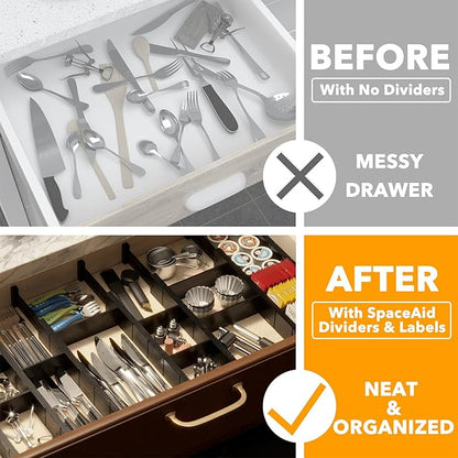 SpaceAid Bamboo Drawer Dividers with Inserts and Labels, Kitchen Adjustable Drawer Organizers, Expandable Organization for Home, Office, Dressers, 10 Dividers with 24 Inserts (17"-22" Black) - Image 2