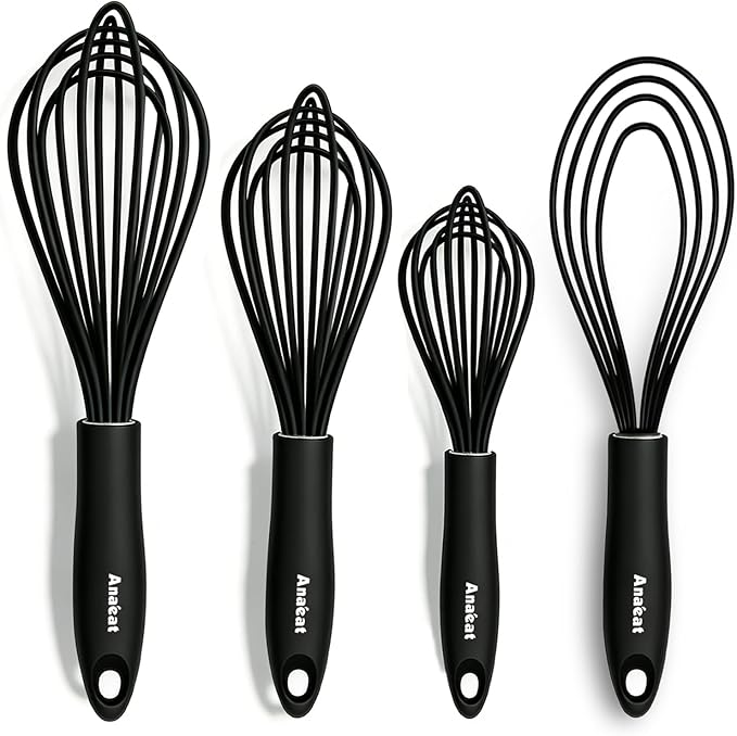 Anaeat Silicone Kitchen Whisk Set of 4, Perfect for Non-Stick Cookware, Egg Beater Milk ​Blender for Whisking, Cooking, Baking, Beating - 11'' Flat Whisk and 9''+11''+12'' Balloon Whisks (Black) by Anaeat