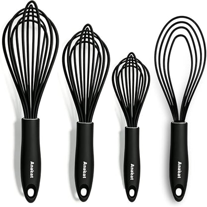 Anaeat Silicone Kitchen Whisk Set of 4, Perfect for Non-Stick Cookware, Egg Beater Milk ​Blender for Whisking, Cooking, Baking, Beating - 11'' Flat Whisk and 9''+11''+12'' Balloon Whisks (Black) by Anaeat