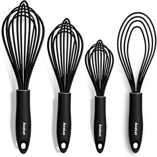 Anaeat Silicone Kitchen Whisk Set of 4, Perfect for Non-Stick Cookware, Egg Beater Milk ​Blender for Whisking, Cooking, Baking, Beating - 11'' Flat Whisk and 9''+11''+12'' Balloon Whisks (Black) by Anaeat