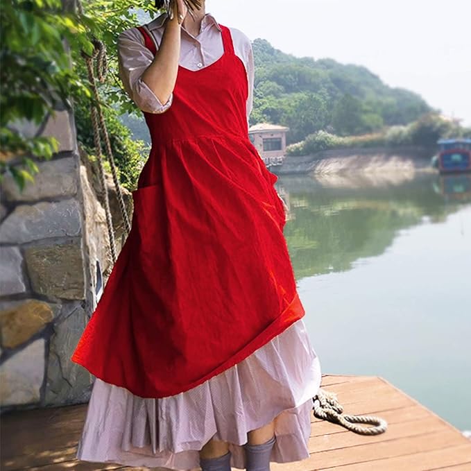 Uaussi Cotton Linen Apron Cross Back Work Apron for Women with Pockets Pinafore Dress X Cross Halter Apron for Chef Gardening - Image 7