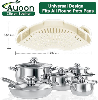 AUOON Clip On Strainer Silicone for All Pots and Pans, Pasta Strainer Clip on Food Strainer for Meat Vegetables Fruit Silicone Kitchen Colander (White) - Image 2