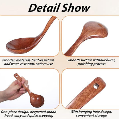 Wooden Ladle for Soup, Non-Stick Wooden Spoon Set, 3 Size Wood Ladle Spoon with Back Hooks for Deep Pot, Natural Wood Kitchen Utensils Set for Serving, Stirring