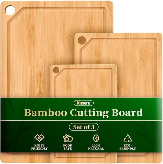Kitchen Cutting Board Set - 3-Piece Wooden Cutting Boards for Kitchen with Juice Groove, Handles, Hang Holes, Stylish Kitchen Essentials for Chpping & Serving, Natural, 0.4"Th - (XL+M+S) by Kitsure