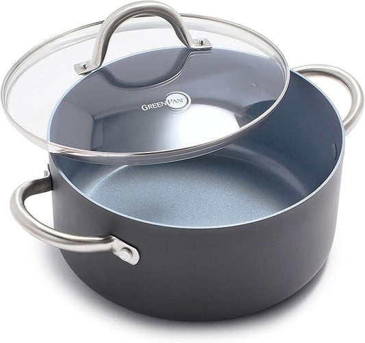 GreenPan Lima 5.2QT Nonstick Stock Pot with Glass Lid, Nontoxic PFAS-Free Ceramic Casserole, Hard Anodized Cookware, Oven & Broiler Safe, Stainless Steel Handles, Gray by GreenPan