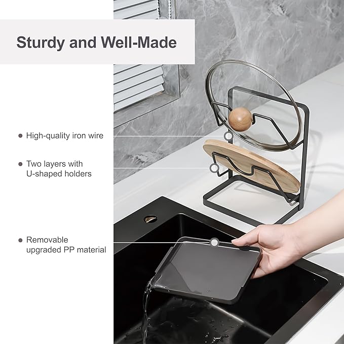 Pot Lid Holder While Cooking, Kitchen Pot Lid Storage Rack for stove top, Multifunctional Kitchen Pot Lid Organizer for Countertop (Iron,Dark Grey) - Image 3