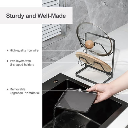 Pot Lid Holder While Cooking, Kitchen Pot Lid Storage Rack for stove top, Multifunctional Kitchen Pot Lid Organizer for Countertop (Iron,Dark Grey) - Image 3
