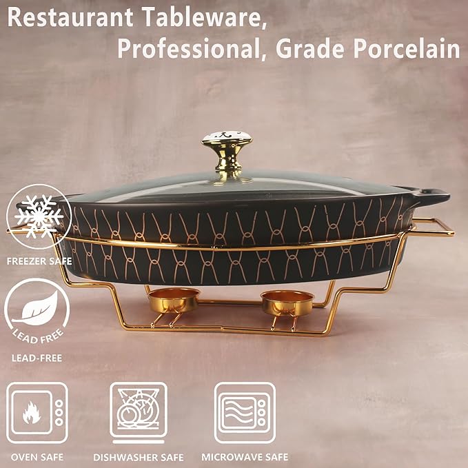 10" x 7" Ceramic Oval Casserole Dish with Glass Lid and Gold rack, 30 Ounce Serving Soup Tureen,Chafing Dish for Buffet, Family Food preserve Tray, Catering Casserole for Party Style, Black