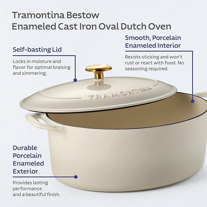Tramontina Bestow Enameled Cast Iron Oval Dutch Oven Pot with Lid, Large 7-quart, Latte (Gold Knob) - Image 5