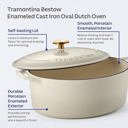 Tramontina Bestow Enameled Cast Iron Oval Dutch Oven Pot with Lid, Large 7-quart, Latte (Gold Knob) - Image 5