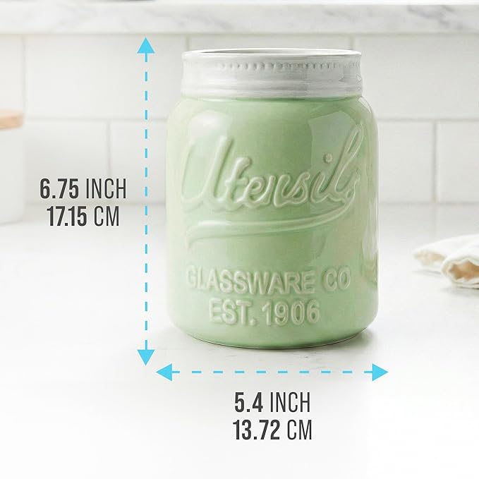 Comfify Wide Mouth Mason Jar Utensil Holder Decorative Kitchenware Organizer Crock, Dishwasher Safe - Kitchen Caddy Green, Large Size 7" Hight - Image 3