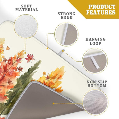 Fall Maple Leaves Dish Drying Mat for Kitchen Counter 24x18 Inch Watercolor Autumn Drying Mat with Absorbent Reversible Microfiber Orange Dish Drainer Mats Rack Pad for Coffee Countertop Protector