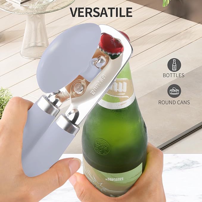 Safring Can Opener Manual, Heavy Duty Stainless Steel Smooth Edge Can Opener With Soft Touch Handle, Oversized Handheld Easy Turn Knob, Multi-Function Bottle Opener, Lavender
