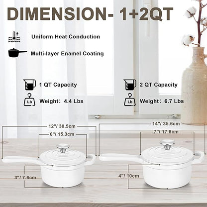1 Qt & 2 Qt Pots and Pans Set, Leonyo Enameled Cast Iron Saucepan with Lid, Small Cast Iron Dutch Oven Kitchen Cookware Appliances for All Cooktops Cooking Pasta, Milk, Egg - Up to 500°F, White