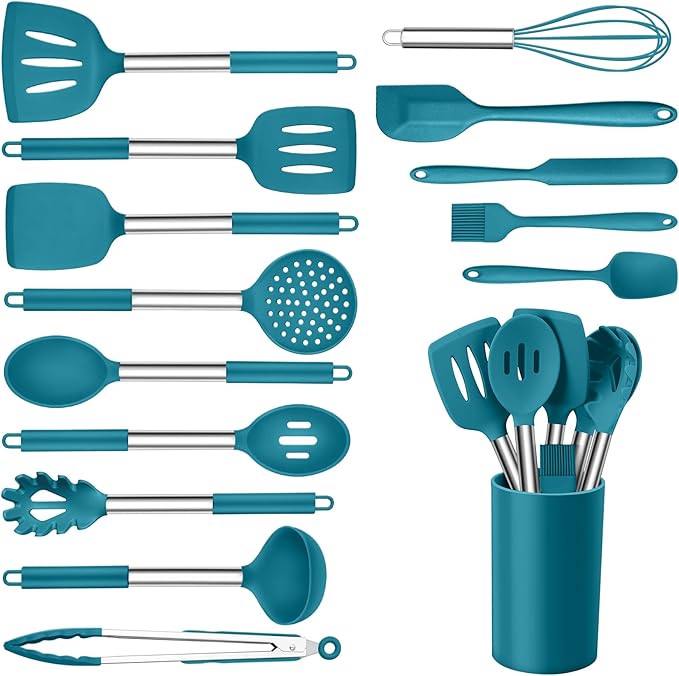 15pcs Kitchen Cooking Utensils Set with Holder, Onader Heat Resistant Silicone Kitchen Utensils Spatula Set with Stainless Steel Handle - Blue by Onader