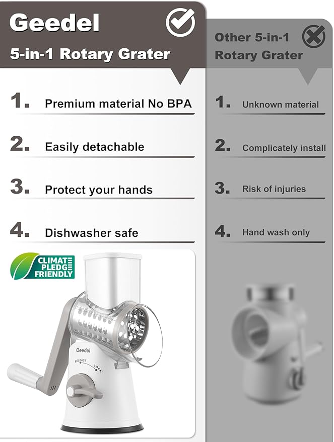 Geedel Rotary Cheese Grater Cheese Shredder with 5 Interchangeable Blades - Upgraded Rotary Grater Featuring Strong Suction Base for Cheese Shredding, Wavy Slicing, Nut Grinding, and Ice Shaving - Image 2