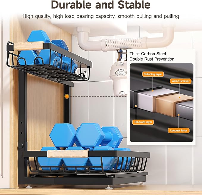 Sevenblue 2 Packs Under Sink Organizer, Height Adjustable 2 Tier Under Kitchen Sink Organizer, Multi-Purpose Storage Shelf for Kitchen Bathroom Cabinet (Black, Large) - Image 5