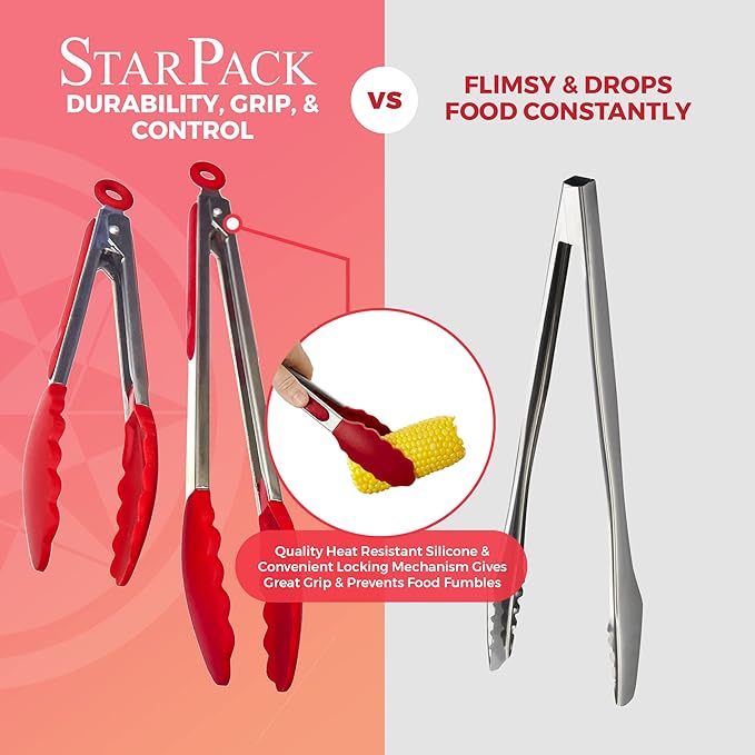 StarPack Premium Silicone Kitchen Tongs Set of 2 (9-Inch & 12-Inch) - Stainless Steel with Non-Stick Silicone Tips, High Heat Resistant to 480°F, For Cooking, Serving, Grill, BBQ & Salad (Cherry Red) - Image 2