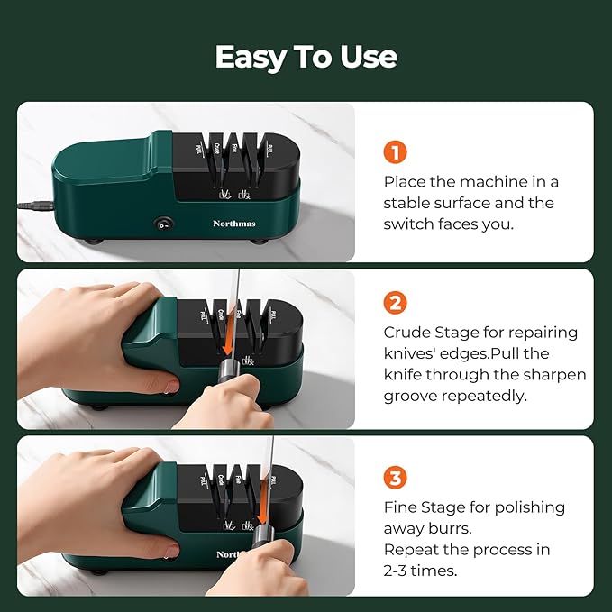 Northmas Knife Sharpener, Professional Electric Knife Sharpener for Home Use, 2 Stages for Quick Sharpening & Polishing, 100V-240V Global Voltage Design, Green - Image 5