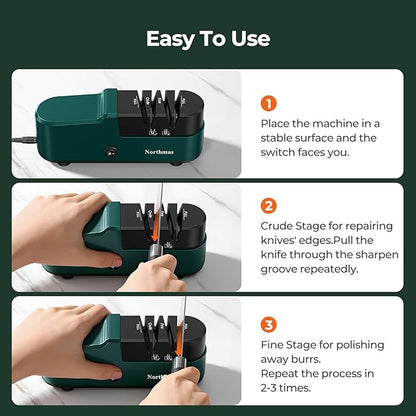 Northmas Knife Sharpener, Professional Electric Knife Sharpener for Home Use, 2 Stages for Quick Sharpening & Polishing, 100V-240V Global Voltage Design, Green - Image 5