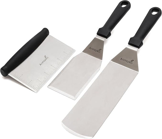 Metal Spatula Stainless Steel and Scraper - Professional Chef Griddle Spatulas Set of 3 - Heavy Duty Accessories Great for Cast Iron BBQ Flat Top Grill Skillet Pan - Commercial Grade by Anmarko