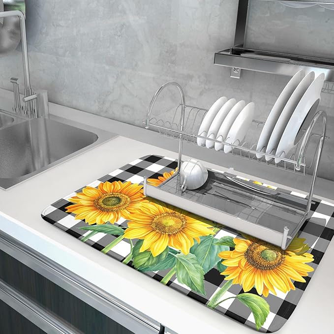 Sunflower Dish Drying Mat for Kitchen Counter Watercolor Black White Plaid Microfiber Absorbent Dish Draining Reusable Washable Foldable Extra Large 18"x24" - Image 5