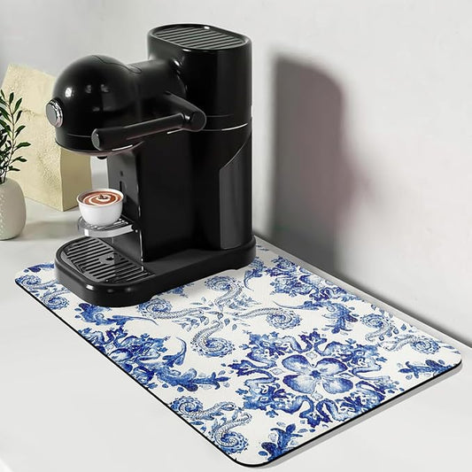 Bloss Dish Drying Mat, 12.2"x19.7" Absorbent Coffee Bar Mat with Waterproof Rubber Back, Fit Under Coffee Maker Machine/Kitchen Counter(Ink Cyan Flower) by Bloss