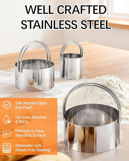 Biscuit Cutter Set with Handle, 3 Piece Stainless Steel Round Cookie Cutter Tool, Multi Size Circle Dough Donut Cutters for Baking Cakes, Biscuits, Pastry Dough