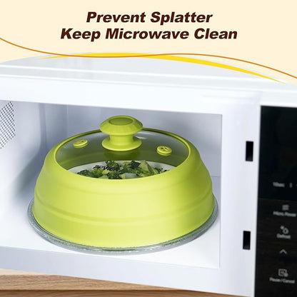 Microwave Splatter cover, Glass Microwave Cover for Food, 11.8 inch Guard Lid with Collapsible Silicone for 6-11 inch Plates & Bowls, Dishwasher Safe, 450°F Heat Resistant, BPA-Free, Green