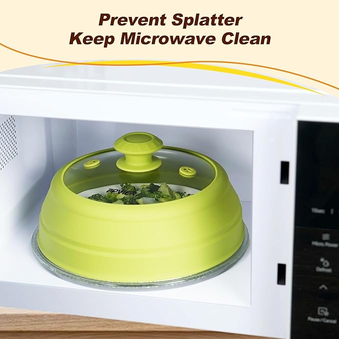 Microwave Splatter cover, Glass Microwave Cover for Food, Guard Lid with Collapsible Silicone for 6-8 inch Plates & Bowls, Dishwasher Safe, Heat Resistant, BPA-Free, 9 inch Green