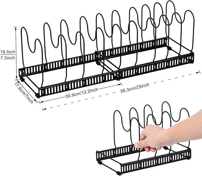 Toplife Pots and Pans Organizer Rack for Cabinet and Countertop, 10+ Pot Lids, Bakeware and Cookware Holder with 10 Adjustable Compartments - Black - Image 7