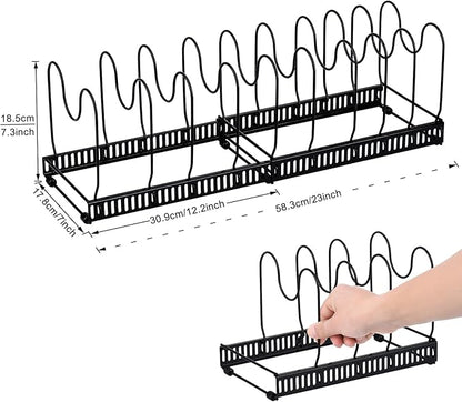Toplife Pots and Pans Organizer Rack for Cabinet and Countertop, 10+ Pot Lids, Bakeware and Cookware Holder with 10 Adjustable Compartments - Black - Image 7