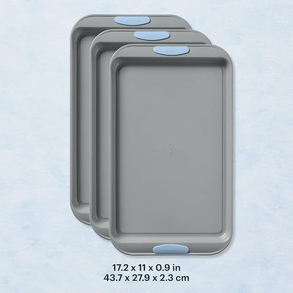 Pyrex 3-Piece Metal Cookie Sheet Bakeware Set, Lightweight Stainless Steel Baking Trays with Heatsafe Silicone Handles, Cookie Sheet Baking Pan, Cerulean