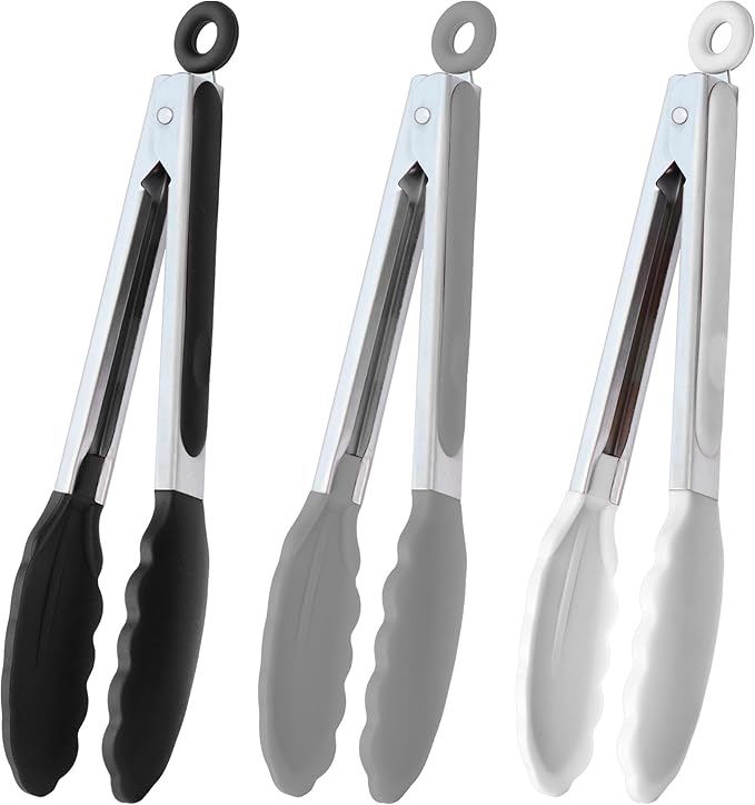 HINMAY 9-Inch Serving Tongs Silicone Tongs, Set of 3 (Black White Gray) by HINMAY