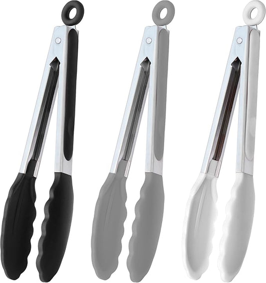 HINMAY 9-Inch Serving Tongs Silicone Tongs, Set of 3 (Black White Gray) by HINMAY