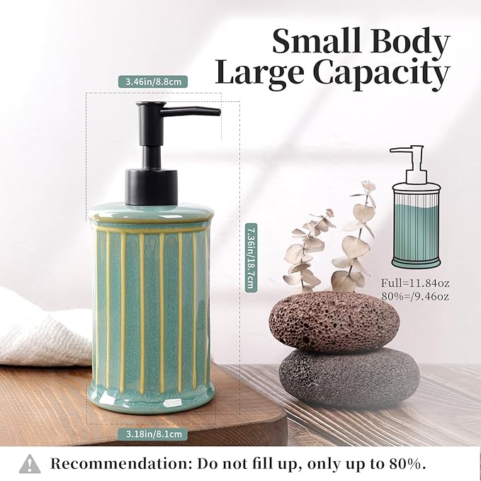 Soap Dispenser, Ceramic Liquid Hand Dish Soap Dispenser 11.84OZ, Hand Lotion Dispenser for Kitchen Bathroom Shower, Refillable, Dark Green, ANTIS'S HOME