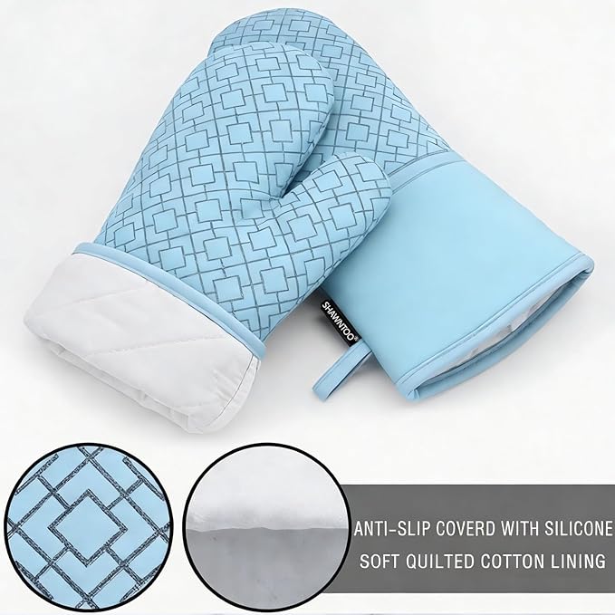 Oven Mitts and Pot Holders Sets 6pcs, Kitchen Oven Glove,High Heat Resistant 550 Degree Extra Long Oven Mitts and Potholders with Non-Slip Silicone Surface for Home Essentials (Grey) (Fog Blue) - Image 2