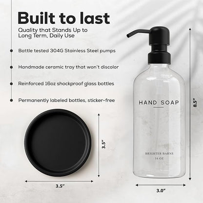 Glass Hand Soap Dispenser Bathroom Set by Brighter Barns - Bathroom Soap Dispenser Set - Refillable Pump Bottle with Tray - Neutral Home Decor for Airbnb, Hotel, Vacation Rental, Restaurants (Clear) - Image 3