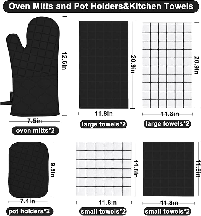 Oven Mitts Kitchen Towels and Dishcloths Pot Holders Sets, Oven Gloves Kitchen Dish Towels 500 Degree Heat Resistant Potholders with Non-Slip Silicone Surface for Cooking, Grilling, Baking-Black - Image 2