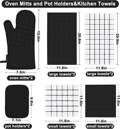 Oven Mitts Kitchen Towels and Dishcloths Pot Holders Sets, Oven Gloves Kitchen Dish Towels 500 Degree Heat Resistant Potholders with Non-Slip Silicone Surface for Cooking, Grilling, Baking-Black - Image 2