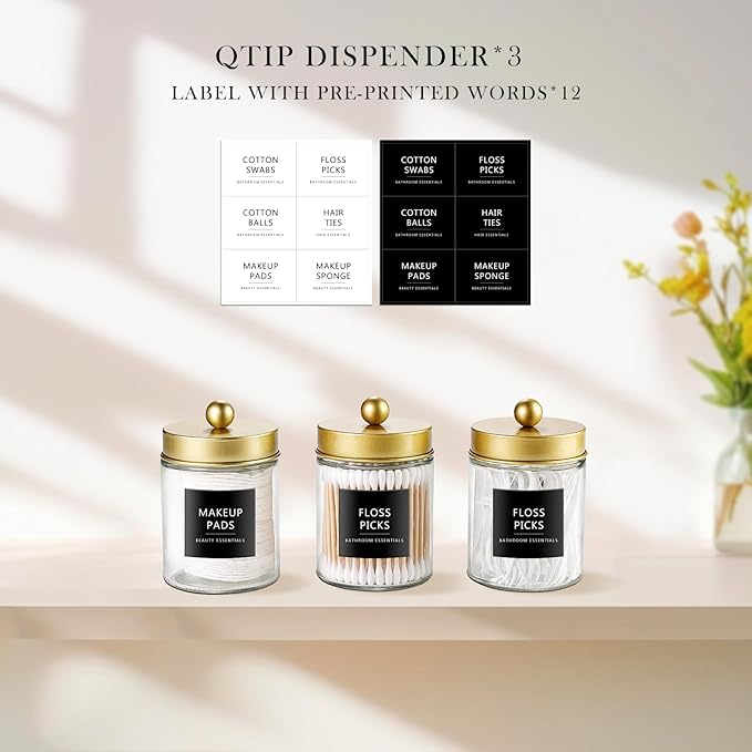 SheeChung Qtip Dispenser Holder 3pcs, Glass Apothecary Jars with Stainless Steel Lids &Stickers, Countertop Canister Guest Bathroom Storage Organizer Set for Cotton Swabs/Balls, Floss Picks(Gold)