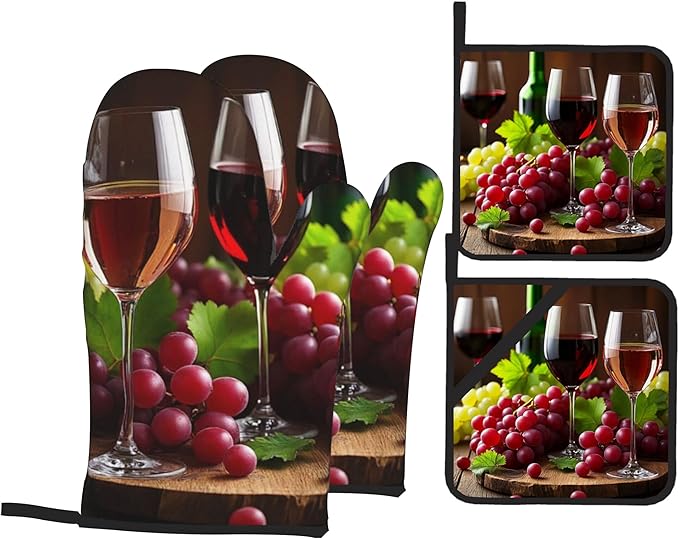 Grape Wine Oven Mitts with Matching Potholders - Heat Resistant Kitchen Accessories for Baking, Grilling, Cooking, Gifts for Women