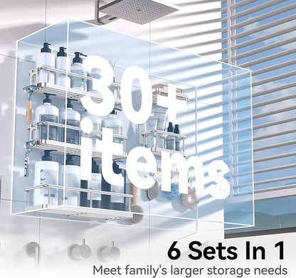 YASONIC Shower Caddy, Large Capacity Bath Organizer with Soap Holder and 12 Hooks, 6 Pack Rustproof Bathroom Shelves for Inside Shower, No Drilling&Sleek Bathroom Organizers and Storage Silver - Image 3