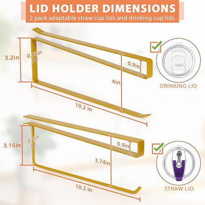 2 Pack Tumbler Lid Organizer, Horizontal Tumbler Lid Storage Hook Up to 20 Lids, Space Saving Cup Lid Holder Under Cabinet Tumbler Lid Hook for Kitchen Organizer, Paper Towel Hanger(Round&Flat, Gold) - Image 3