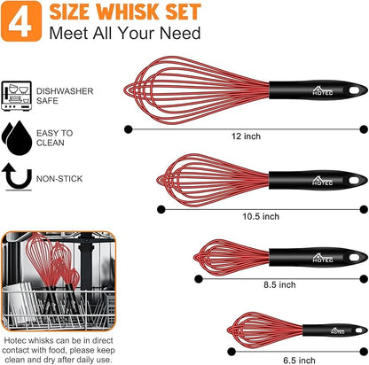 HOTEC 4 Pieces Silicone Whisks Set, Wire Balloon Whisks Egg Beater, Non-slip Handle Whisk for Non-stick Cookware Perfect for Cooking, Stirring, Beating and Blending (Red) - Image 2