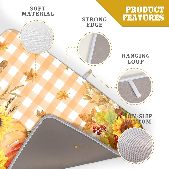Autumn Maple Leaf Orange White Check Plaids Dish Drying Mat for Kitchen Counter,Fall Sunflower Pumpkin Drying Mat 18 x 24 Inch with Absorbent Reversible Microfiber Dish Drying Pad for Coffee Bar - Image 4