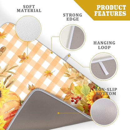 Autumn Maple Leaf Orange White Check Plaids Dish Drying Mat for Kitchen Counter,Fall Sunflower Pumpkin Drying Mat 18 x 24 Inch with Absorbent Reversible Microfiber Dish Drying Pad for Coffee Bar - Image 4