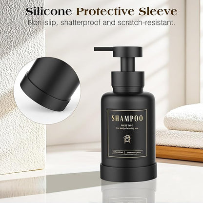 Luxspire Foaming Soap Dispenser, Glass Foam Pump Soap Dispenser, Non-Slip Hand Soap Bottle with 5 Waterproof Labels, 15 Oz Refillable Liquid Soap Bottle for Bathroom & Kitchen, Black, 2 Pack