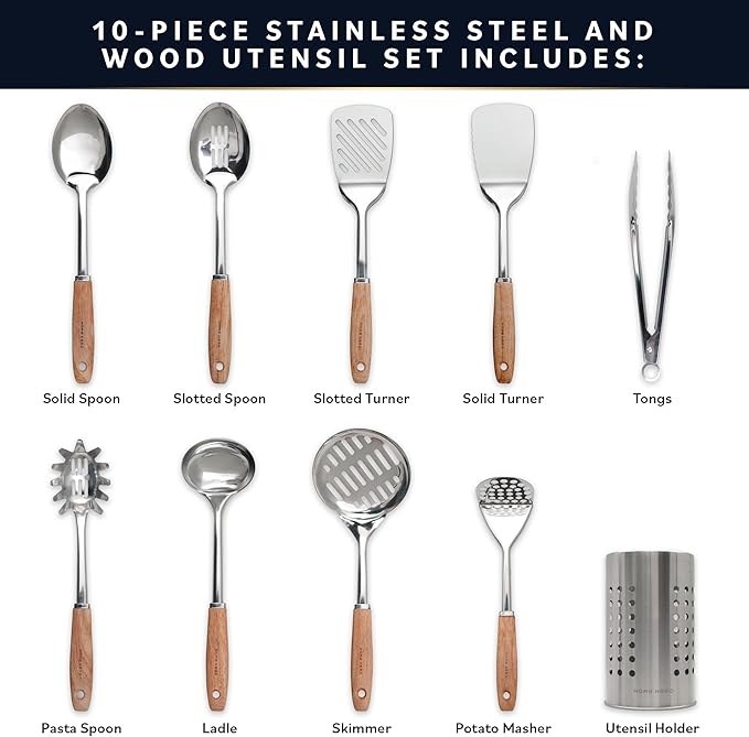 Home Hero Stainless Steel Kitchen Utensils Set - Wood Handle Nonstick Stainless Steel Cooking Utensils Set - Heat Resistant Kitchen Essentials & Metal Kitchen Gadgets (Silver & Wood) - Image 3